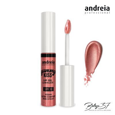 Óleo labial rosa metálico Andreia Professional Yummy Kiss com aplicador e embalagem branca