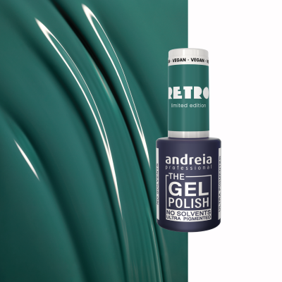 Frasco de verniz gel para unhas verde escuro com texto na embalagem