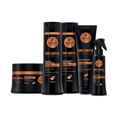 Conjunto de produtos para cabelo Haskell Encorpa Cabelo em embalagens preto e laranja