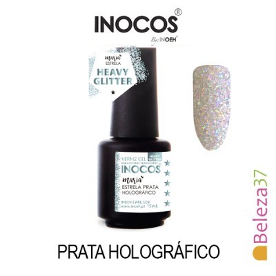 Verniz gel INOCOS prata holográfico com glitter