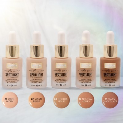 Cinco frascos de base líquida com conta-gotas em diferentes tons, dispostos em fila