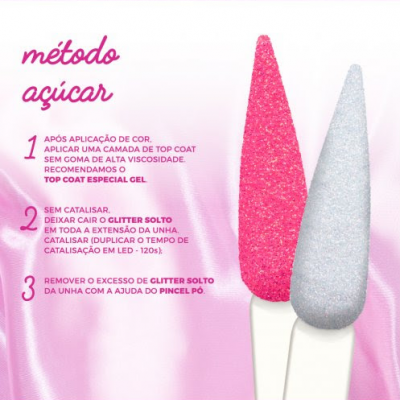 Instruções do método açúcar para aplicação de glitter em unhas com amostras rosa e branca brilhantes