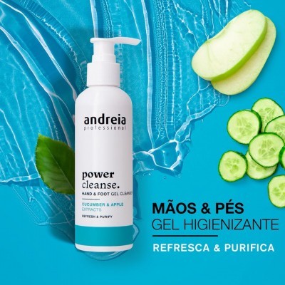 Frasco de gel higienizante Andreia Power Cleanse para mãos e pés com extratos de pepino e maçã