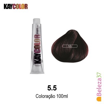 Tubo de coloração de cabelo KAYCOLOR e amostra na cor 5.5 castanho escuro avermelhado