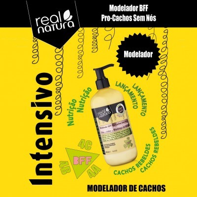 Embalagem de creme modelador Real Natura Modelador BFF Pro-Cachos Sem Nós em fundo amarelo com texto