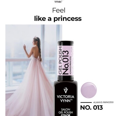 Frasco de verniz gel Victoria Vynn Nº 013 Always Princess com mulher de vestido rosa e tiara junto a janela