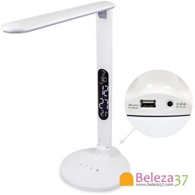 Lâmpada de mesa LED branca com ecrã digital