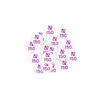 Comprimidos brancos com número 150 e símbolo de flor em roxo