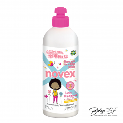 Frasco branco de leave-in conditioner Novex com tampa rosa e rótulo colorido