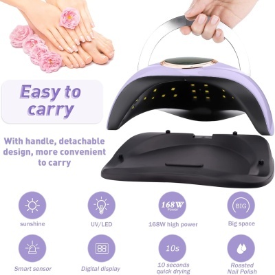 Lâmpada UV/LED lilás para unhas com alça e texto descritivo