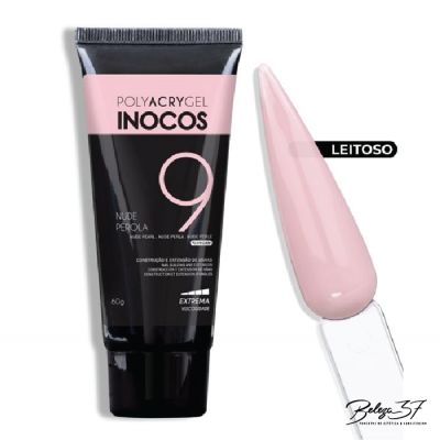 Tubo de Polyacrygel Inocos 9 NuDE Pérola ao lado de amostra de cor cremosa rosa clara.