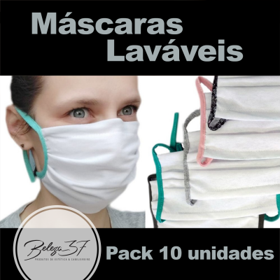 Máscaras faciais brancas laváveis com elásticos coloridos e texto promocional em português.