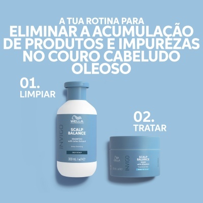 Produtos Wella Invigo Scalp Balance para couro cabeludo oleoso com fundo azul e texto promocional branco