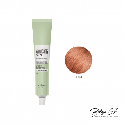 Tubo de tinta de cabelo permanente verde claro com amostra de cor castanho acobreado 7.44