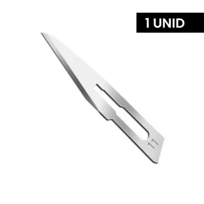 Lâmina de bisturi metálica com número 11 e texto 1 UNID