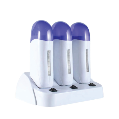 Conjunto de três dispensadores brancos com tampas roxas em base branca