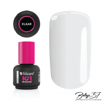 Frasco de verniz gel Silcare com tampa rosa e rótulo preto, tapa preta com texto CLEAR, e unha pintada de branco