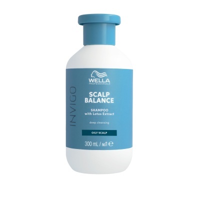 Frasco de champô Wella Invigo Scalp Balance azul e branco 300 mL