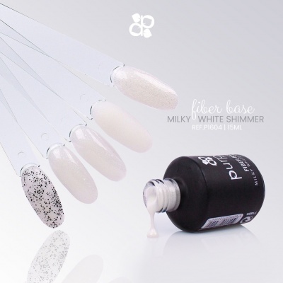 Frasco preto de verniz em gel branco leitoso com brilho e amostras de cor em fundo branco.