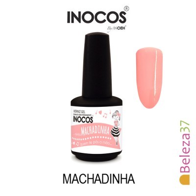 Frasco de verniz gel INOCOS rosa claro com amostra da cor e texto MACHADINHA