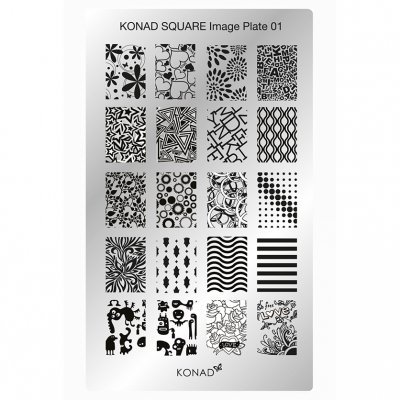 Placa de carimbos para unhas com padrões geométricos e abstratos em preto e branco