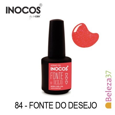 Verniz gel INOCOS vermelho glitter Fonte do Desejo 84 em frasco preto
