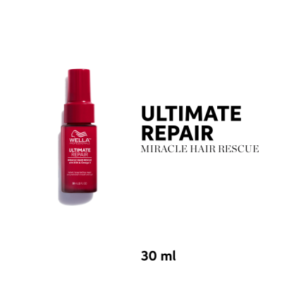 Frasco vermelho Wella Ultimate Repair de 30 ml com texto ao lado