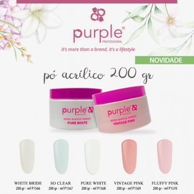 Frascos de pó acrílico Purple Professional com amostras de cores em fundo floral