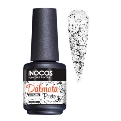 Verniz de unhas INOCOS Top Coat PINTAS Dálmata Brilho Preto com amostra da cor branca com pintas pretas