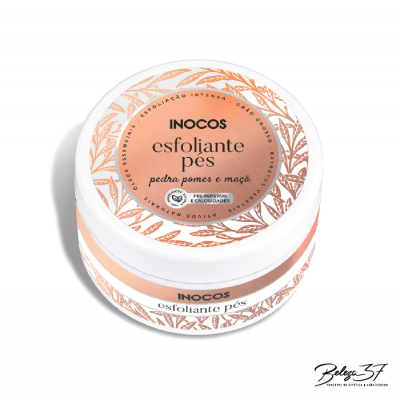Pote branco esfoliante pés INOCOS com embalagem decorada de folhas bronze