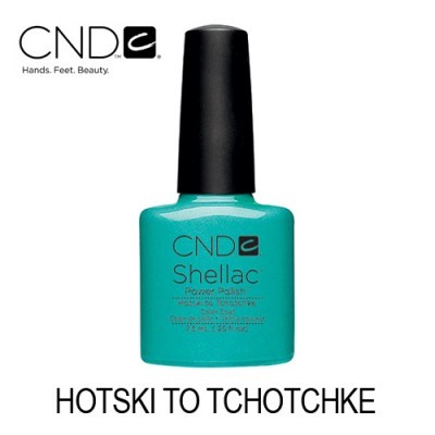 Frasco de verniz para unhas CND Shellac verde azulado com tampa preta e texto preto num fundo branco