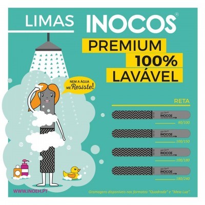 Publicidade colorida para limas INOCOS PREMIUM 100% LAVÁVEL com figura animada a tomar banho