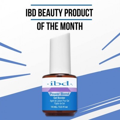 Frasco de verniz para unhas gel IBD Power Bond com rótulo azul e branco