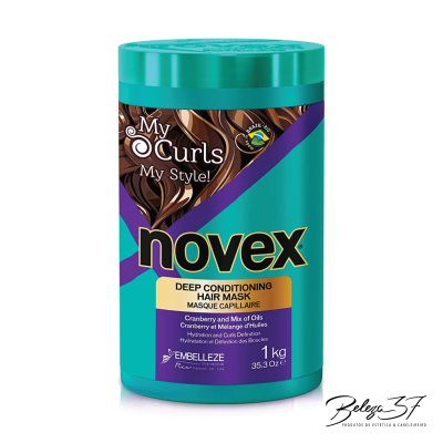 Recipiente azul-turquesa de máscara capilar Novex My Curls com tampa verde