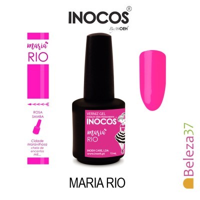 Verniz gel para unhas INOCOS Maria Rio cor Rosa Samba em embalagem preta e rótulo rosa