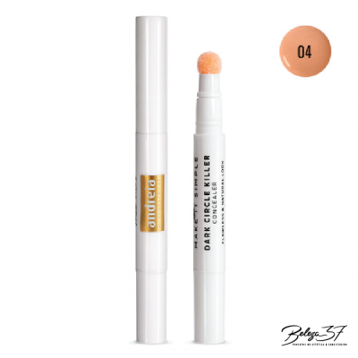 Corretor de olheiras tipo caneta branco com aplicador esponja e rótulo 'andreia' e 'DARK CIRCLE KILLER'