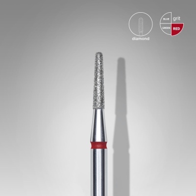 Broca metálica com ponta de diamante e anel vermelho em fundo cinza