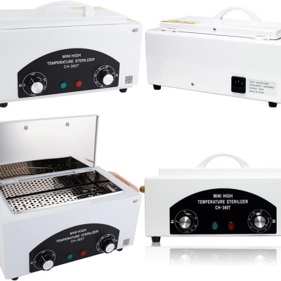 Esterilizador de alta temperatura branco com painéis e botões pretos, alças castanhas e interior metálico