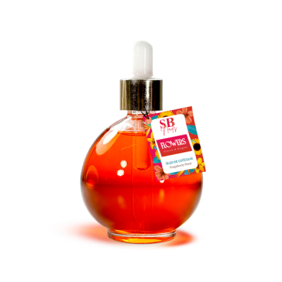 Frasco de óleo de cutículas laranja com rótulo colorido e aplicador