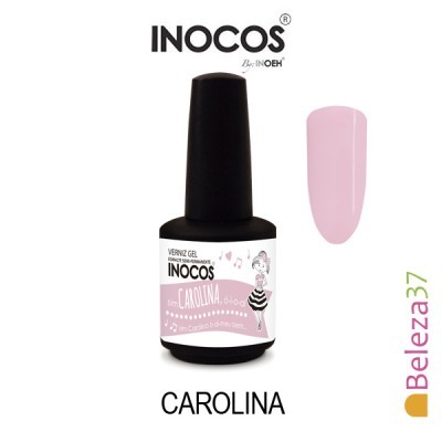 Frasco de verniz gel INOCOS rosa claro com etiqueta e amostra da cor