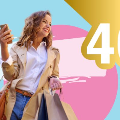 Mulher com sacolas de compras e texto 40% OFF