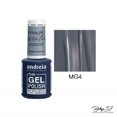 Frasco de verniz gel azul escuro Andreia ProfessionalThe Gel Polish e amostra de cor cinzento metálico MG4