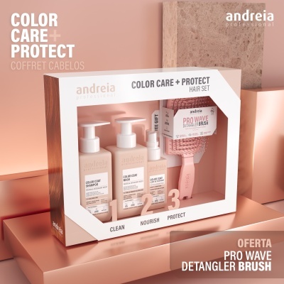 Conjunto Andreia Professional Color Care + Protect com shampoo, base, protetor e escova rosa Pro Wave