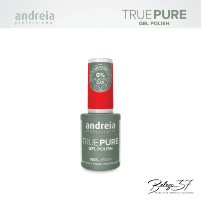 Frasco de verniz gel para unhas Andreia TRUE PURE com tampa vermelha e rótulo verde