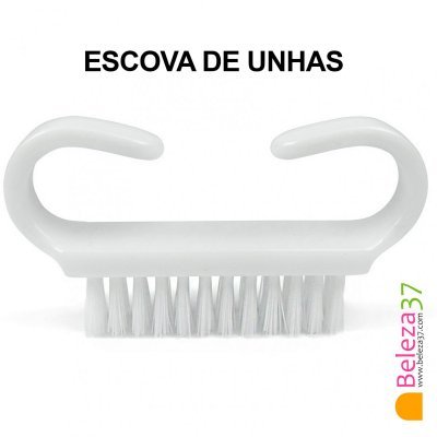 Escova de unhas branca com cerdas e duas alças curvas, texto ESCOVA DE UNHAS