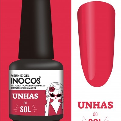 Frasco de verniz gel preto com etiqueta vermelha e branca e amostra de cor vermelha brilhante.