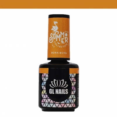 Frasco de verniz de unhas GL Nails com tampa alaranjada e rótulo colorido com padrão triangular