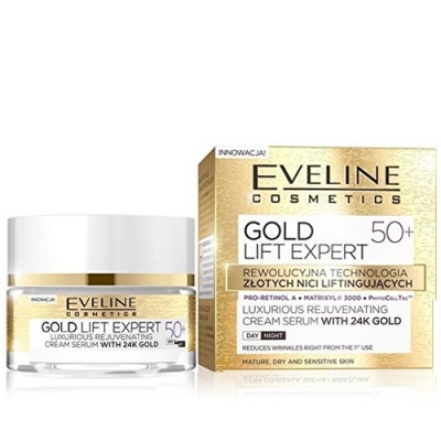 Frasco e caixa dourada e branca do sérum rejuvenescedor Eveline Cosmetics Gold Lift Expert 50+