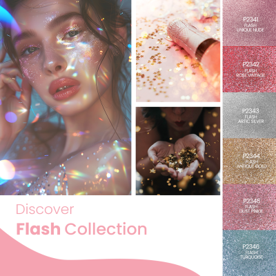 Composição de imagens com rosto feminino brilhante, champanhe e amostras de glitter colorido