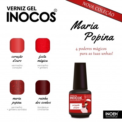 Coleção de verniz gel Maria Popina INOCOS com quatro cores vermelhas e revelação do frasco de 'coração d'ouro'.